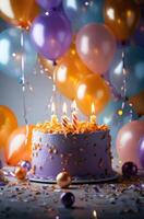 ai generato un' compleanno torta seduta dietro a parecchi coriandoli pieno palloncini foto