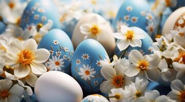 ai generato colorato e giallo Pasqua uova nel un' sfondo di blu e bianca fiori foto