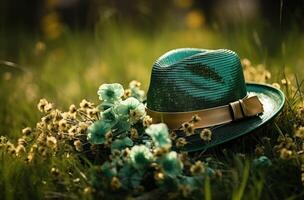 ai generato verde cappello nel il erba su il verde giorno foto
