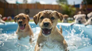 ai generato cuccioli allegramente nuotare nel un gonfiabile piscina foto