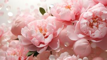 ai generato rosa peonie disposte tra bianca rami, le foglie e coriandoli foto