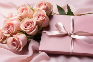 ai generato regalo incartato rosa Busta con Rose dentro foto