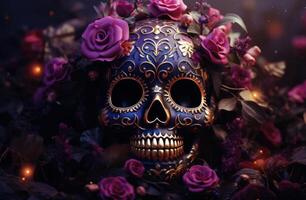 ai generato il zucchero cranio è decorato con giallo fiori e violette foto