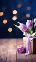 ai generato rosa tulipani con rosa regalo su regalo involucro di legno sfondo foto