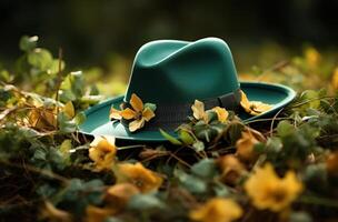 ai generato verde cappello nel il erba su il verde giorno foto