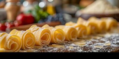 ai generato classico pasta su cucina sfondo. dieta e cibo concetto. foto