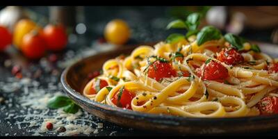 ai generato classico pasta su cucina sfondo. dieta e cibo concetto. foto