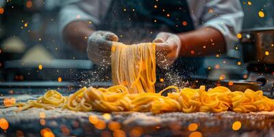 ai generato classico pasta su cucina sfondo. dieta e cibo concetto. foto