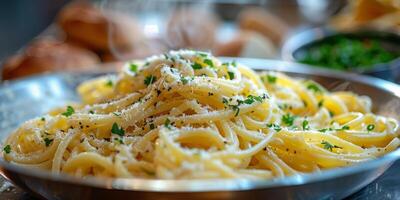 ai generato classico pasta su cucina sfondo. dieta e cibo concetto. foto