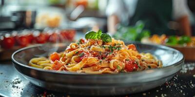 ai generato classico pasta su cucina sfondo. dieta e cibo concetto. foto