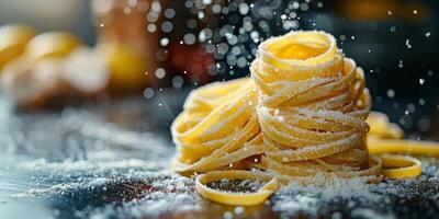 ai generato classico pasta su cucina sfondo. dieta e cibo concetto. foto