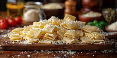 ai generato classico pasta su cucina sfondo. dieta e cibo concetto. foto