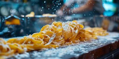 ai generato classico pasta su cucina sfondo. dieta e cibo concetto. foto