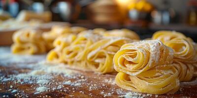 ai generato classico pasta su cucina sfondo. dieta e cibo concetto. foto