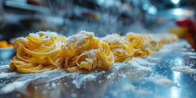 ai generato classico pasta su cucina sfondo. dieta e cibo concetto. foto