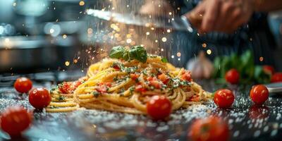 ai generato classico pasta su cucina sfondo. dieta e cibo concetto. foto