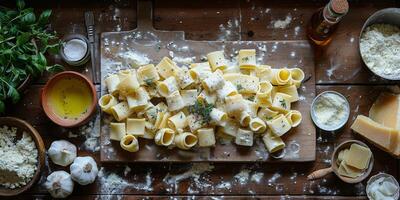 ai generato classico pasta su cucina sfondo. dieta e cibo concetto. foto