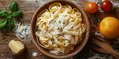 ai generato classico pasta su cucina sfondo. dieta e cibo concetto. foto