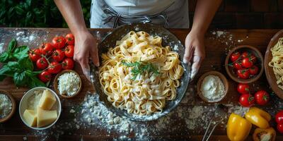 ai generato classico pasta su cucina sfondo. dieta e cibo concetto. foto