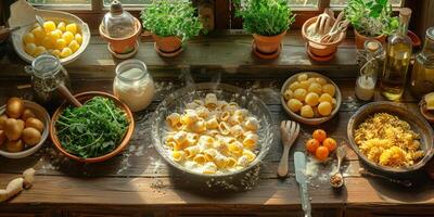 ai generato classico pasta su cucina sfondo. dieta e cibo concetto. foto