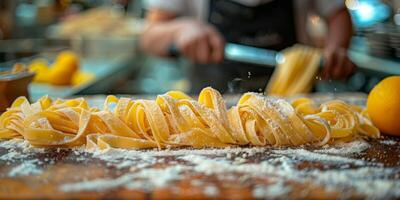 ai generato classico pasta su cucina sfondo. dieta e cibo concetto. foto