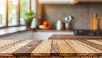 ai generato Marrone di legno struttura tavolo al di sopra di leggero sfocato Immagine di cucina panca. cucina sfocato sfondo. foto