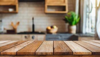 ai generato Marrone di legno struttura tavolo al di sopra di leggero sfocato Immagine di cucina panca. cucina sfocato sfondo. foto