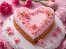 ai generato a forma di cuore crema rosa torta con Rose foto