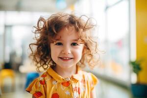 ai generato portait di poco ragazza nel scuola materna asilo scuola. bambini giocando con educativo giocattoli. presto formazione scolastica. Montessori apprendimento utensili per bambini foto