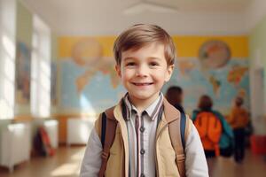 ai generato portait di poco ragazzo nel scuola materna asilo scuola. bambini giocando con educativo giocattoli. presto formazione scolastica. Montessori apprendimento utensili per bambini. foto