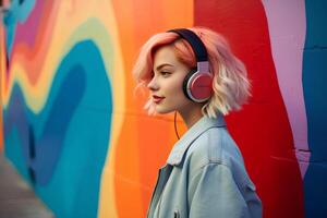 ai generato giovane donna con colorato capelli e cuffie passeggiate passato un' colorato parete, nel il stile di colorato, minimalista. foto