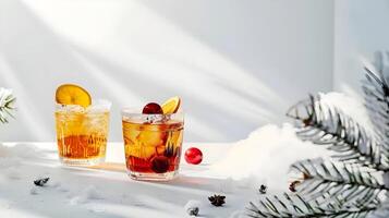 ai generato giallo inverno bevande con arancia su un' bianca sfondo con neve decorazioni. professionale foto. alto qualità. ai generativo foto