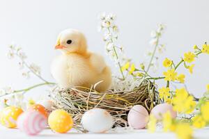 ai generato bambino pulcino con uova e fiori foto