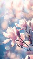 ai generato delicato rosa magnolia fiori contro un' sereno cielo durante primavera foto