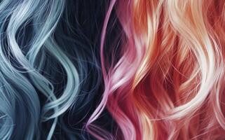 ai generato vivace blu e rosa ondulato capelli filoni catturato nel morbido illuminazione foto
