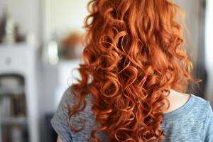 ai generato avvicinamento ritratto di un' giovane donna con vivace rosso capelli e morbido luce del sole foto