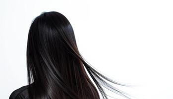 ai generato posteriore Visualizza di un' donna con lungo buio capelli contro un' bianca sfondo foto