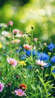 ai generato vivace blu fiordalisi fioritura nel un' lussureggiante giardino durante primavera foto