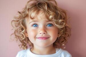 ai generato ritratto di un' sorridente bambino piccolo con Riccio capelli contro un' morbido rosa sfondo foto