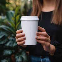 ai generato vicino su di donna mani Tenere bianca carta tazza modello foto