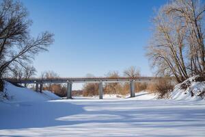 un' strada ponte croci un' congelato fiume. cavalcavia per trasporto attraverso acqua coperto con ghiaccio e neve. inverno nel il nord di Russia. foto