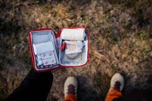 un' impostato di medicinali per in viaggio attraverso il montagne, un' turista primo soccorso kit con medicinali, primo aiuto attrezzatura per ferite, un' salvare scatola nel il foresta. foto