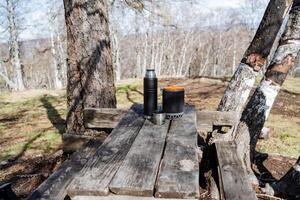 estate campo nel il foresta, un' impostato di turista utensili sta su il tavolo, un' di legno vecchio tavolo, un' posto per un' fermati, riposo nel il montagne, un' thermos per tè. foto