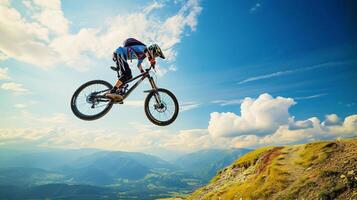 ai generato un' montagna motociclista Soaring attraverso il aria contro un' mozzafiato montagnoso fondale foto