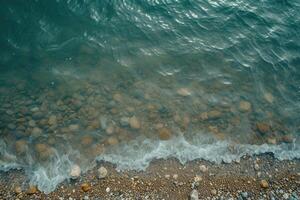 ai generato il calma di oceano onde su un' abbandonato spiaggia, turchese mare e intatto sabbie aereo Visualizza di un' tranquillo, calmo, abbandonato spiaggia con calma oceano onde delicatamente rottura contro sabbioso sponde foto