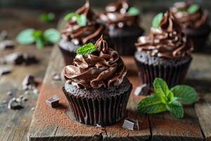 ai generato menta cioccolato cupcakes su di legno tavolo. foto