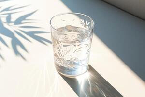 ai generato fresco puro acqua bicchiere con luce del sole e ombra. foto