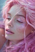 ai generato rosa serenità sirena modello con fluente capelli foto