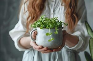 ai generato nutrimento fioritura donna irrigazione in vaso pianta foto