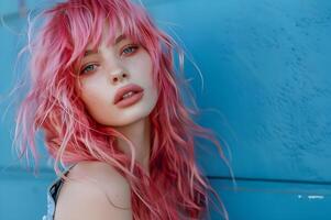 ai generato arrossendo fioritura Abbracciare una persona il rosa capelli tendenza con eleganza foto